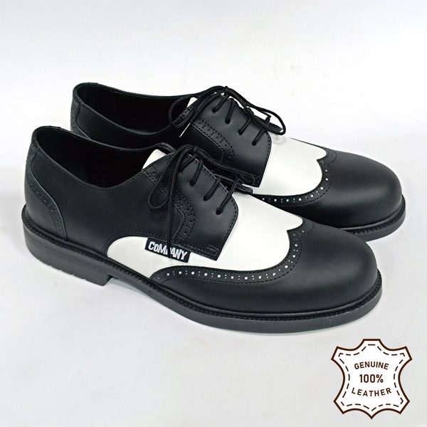 Wingtip Black and White Shoes, Rockabilly Shoes, 50s Style Boogie Shoes, Brogues Men Leather Shoes, Vintage Style Shoes. Ready to ship!