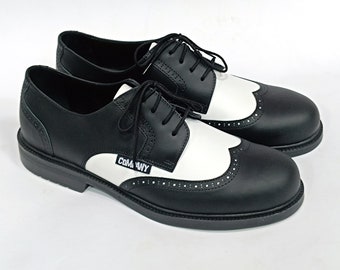 Flügelspitze Schwarz Weiße Schuhe, Rockabilly Schuhe, 50er Jahre Stil Boogie Schuhe, Brogues Herren Lederschuhe, Schuhe im Vintage Stil. Sofort versandfertig!