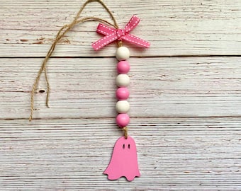 Pink Ghost Mini Bead Garland – Halloween Canister or Tiered Tray Decor, Pink Spooky Accent, Farmhouse Wood Bead Garland