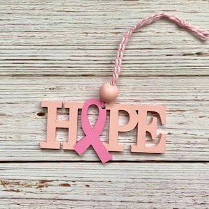 Hope Pink Ribbon Breast Cancer Awareness Ornament, wooden hand painted pink Christmas ornament, pink ribbon gift for survivor