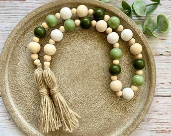 Boho Wood Bead Garland in shades of green, farmhouse beads, neutral home decor, tiered tray garland, mantle decor, choose length
