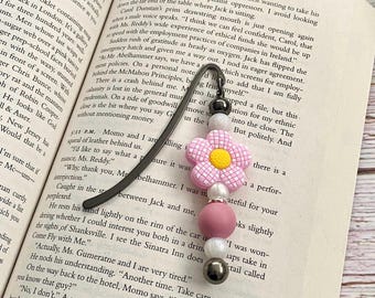 Beaded Metal Bookmark, pink floral bookmark, gift for book lover and reader, silicone beaded book mark