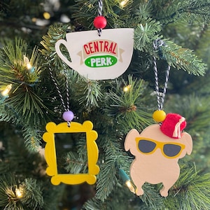 Friends Christmas Ornament, central perk mug ornament, friends Turkey in sunglasses, yellow frame gift for Friends fan