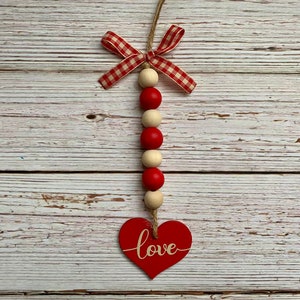 Valentine Red Heart Mini Bead Garland, Valentine’s Day canister Garland, red and natural wood beads, love heart gift topper