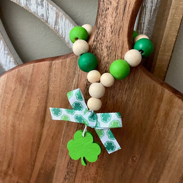 St Patrick’s Day Shamrock sugar bowl wood bead loop, shamrock tiered tray decor accent, st Patrick’s Day gift for Rae Dunn collector