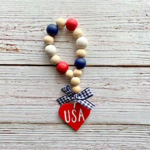 Patriotic USA mini wood bead loop, red white and blue tiered tray or sugar bowl decor, Americana tier tray accent