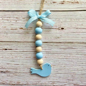 Blue bird Mini Bead Garland, Bluebird canister decor, light blue boho beads, farmhouse tiered tray spring decor