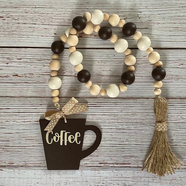 Coffee Cup Wood Bead garland with tassel for tiered tray, coffee bar display or accent your Rae Dunn pottery. Great gift idea!