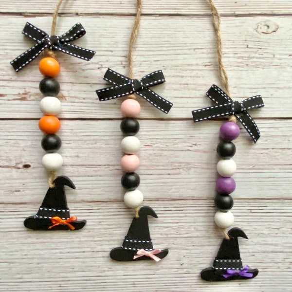 Witch Hat Mini Bead Garland, Halloween farmhouse wood beads, canister beads, witch tiered tray decor, bead garland for Halloween canister