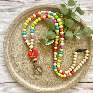 Colorful Beaded Teacher Lanyard – Back to School ID Holder with Apple Charm – Gift for Teachers & Staff
