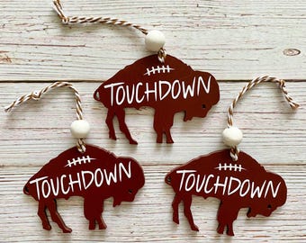 Buffalo Touchdown Ornament – Rustic Football Fan Gift, Birch Wood Decor