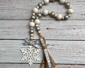 Snowflake wood bead garland, silver snowflake, winter tiered tray accent. Christmas gift idea, hutch decor, beaded farmhouse garland