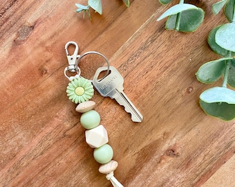Boho Beaded Keychain: Sage Green Flower, Wood & Silicone