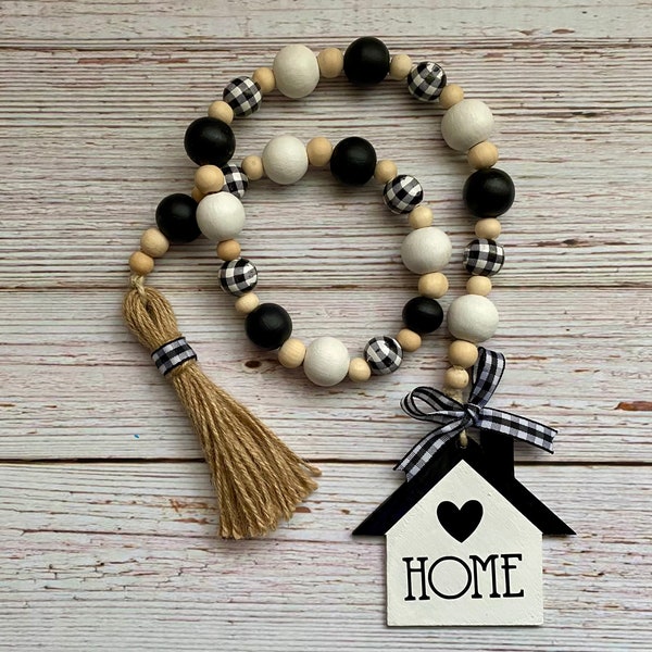 Home Farmhouse Wood Bead Garland, white black plaid wood beads with tassel, new home gift, plaid tiered tray decor