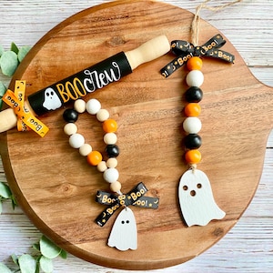 Boo Halloween Ghost decor, halloween canister strand, tiered tray decor, ghost sugar bowl mini wood bead loop, halloween mini rolling pin