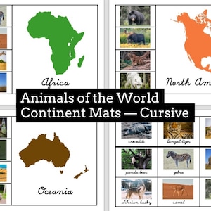 Tiere der Welt Kontinent Matten KURSIV | Montessori Geographie | Vorschulaktivität | Passende Tiere | Druckbar