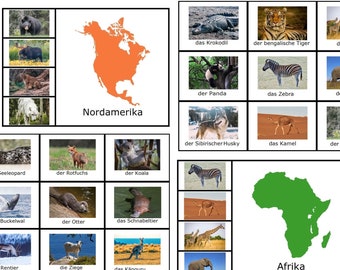 GERMAN VERSION Animals of the Continents Mats | Montessori Geography | Preschool Activity | Animal Matching | Printable