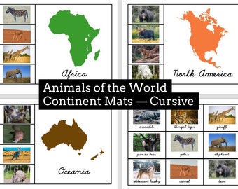 Animals of the World Continent Mats CURSIVE | Montessori Geography | Preschool Activity | Animal Matching | Printable