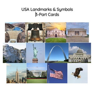 Tarjetas de 3 partes de monumentos y símbolos de EE. UU. / Montessori / Geografía de Estados Unidos