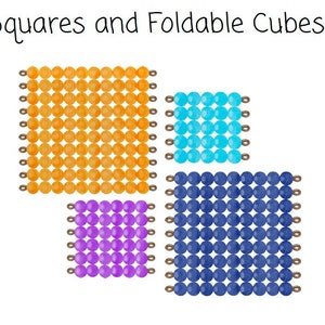 Peut inclure: Carrés de perles Montessori imprimables et cubes pliables. L'image montre quatre carrés faits de perles de différentes couleurs : orange, bleu, violet et bleu foncé.