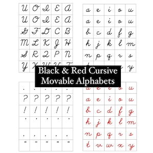 May include: Black and red cursive movable alphabet tiles. The tiles are arranged in a grid with each letter in its own square. The letters are in uppercase and are written in a cursive font. The tiles are perfect for learning the alphabet and for creating words.