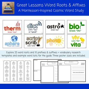 以下が含まれることがあります： 単語学習用の教材。画像には、「therm」、「dict」、「astro」、「bio」などのギリシャ語とラテン語の語根が書かれたカードが写っています。語彙テンプレートと単語リストの例が記載されたガイドが含まれています。タイトルは「Great Lessons Word Roots & Affixes」です。