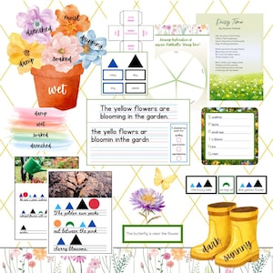 May include: A collage of educational materials with a garden theme. Includes a flower pot with watercolor flowers, a poem, and worksheets with text. There are also yellow rain boots with the words "dark" and "sunny".