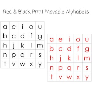 May include: Two sets of alphabet tiles, one in red and one in black, arranged in a grid pattern. Each tile features a letter of the alphabet in a simple, blocky font. The title "Red & Black Print Movable Alphabets" is displayed above the tiles.