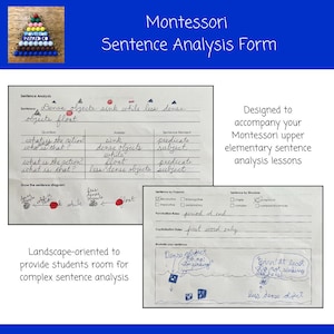 May include: A Montessori sentence analysis form with a handwritten example sentence: "Dense objects sink while less dense objects float." The form includes sections for identifying the subject, predicate, and action of the sentence. A diagram illustrates the sentence structure.