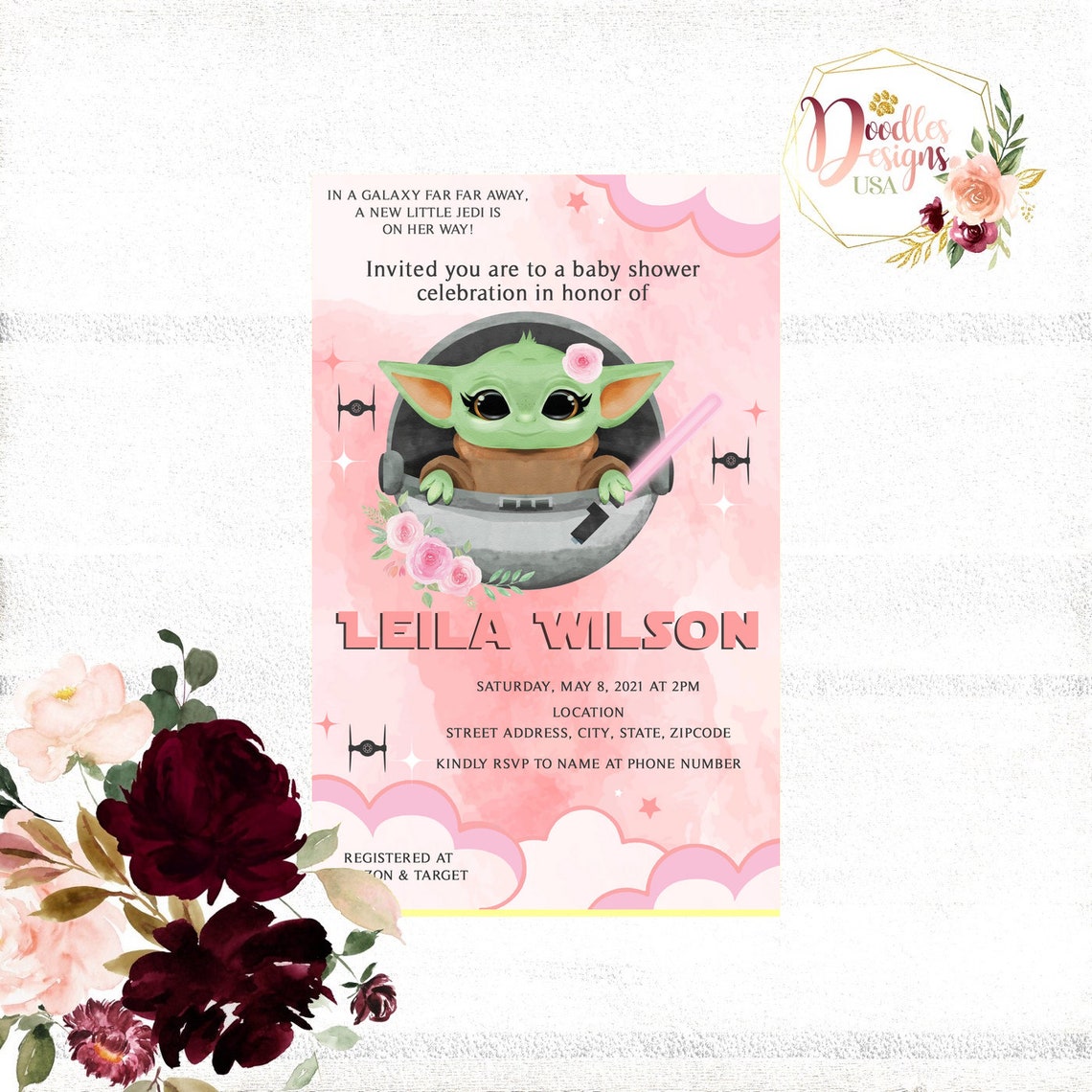 Star Wars Baby Yoda Girl Baby Shower Invitation Etsy