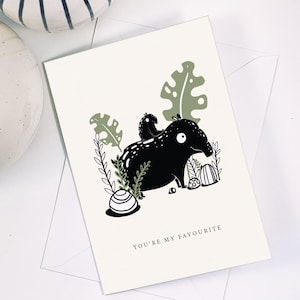 Tarjeta de felicitación, Usted es mi favorito, tapir y plantas tarjeta en blanco, tarjeta A5 300GSM y un sobre gris claro