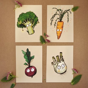 Postales, Vegetales de fiesta, Conjunto de 4 cartas, Ilustración, Hinojo, zanahoria, remolacha y brócoli, tarjeta en blanco, Tarjeta A6 300GSM, arte vegetal