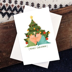 Weihnachtskarte, Schweine in Decken, Weihnachtsbaum, Illustration, leere Karte, A5 300GSM Karte und ein weißer Umschlag, Frohe Weihnachten, Geschenk
