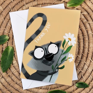 Wenskaart, Leonard Lemur, Bedankkaart, maki met bloemen, blanco kaart, A6 350GSM Kaart zijde papier en een witte envelop, dieren in het wild, cadeau