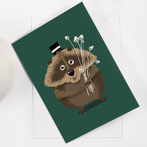 Biglietto d'auguri, Procione con un mazzo di funghi, biglietto bianco A5, 300GSM Card e una busta bianca, animali, carino, amore, biglietto di ringraziamento