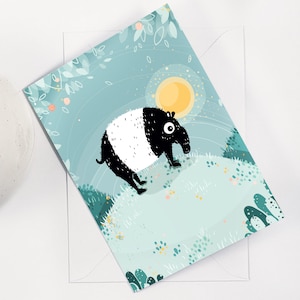 Cartão de felicitações, Hilltop Tapir, colinas floridas, cartão em branco, cartão A5 300GSM e um envelope branco, lindo cartão de animal
