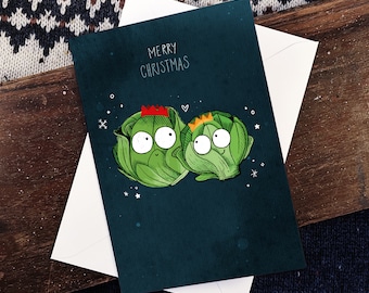Christmas Card, Brussel sprout card, Merry Christmas, Illustration, blank card, A5 300GSM Card and a white envelope, Greeting Cards, Gift