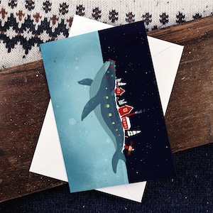 Cartão de Natal, uma pequena cidade natalina em uma baleia, Ilustração, cartão em branco, Cartão A5 300GSM e um envelope branco, Feliz Natal, Presente
