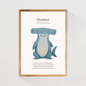 Hunter the Hammerhead Shark – Ocean Character Nursery Print | Animal Poem Print | Children&#39;s Wall Art | Child&#39;s Playroom Poster