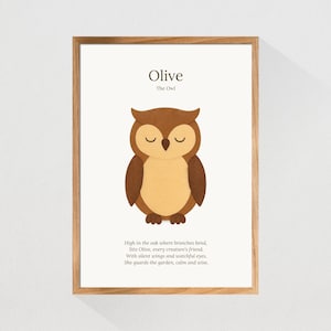 Olive the Owl – Garden Character Nursery Print | Animal Poem Print | Children&#39;s Wall Art | Child&#39;s Playroom Poster | Owl Poster Print