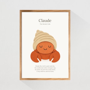 Claude the Hermit Crab Nursery Print | Seaside Animal Poem Print | Children&#39;s Wall Art | Child&#39;s Playroom Poster | Crab Digital Download