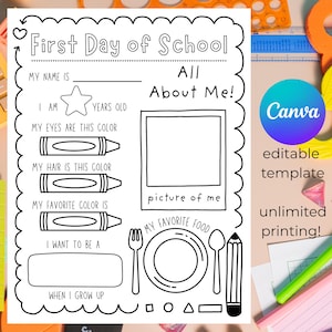 Peut inclure: Feuille de travail imprimable en noir et blanc "Premier jour d'école". Comprend des invites pour le nom, l'âge, la couleur des yeux et des cheveux, la couleur et la nourriture préférées, et un espace pour une photo. La feuille de travail a également une section pour "Quand je serai grand".