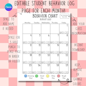 May include: Editable student behavior log page for each month. The behavior chart is for August 2025. It includes spaces to add a name, class information, and a place for a 3-hole punch. The chart has smiley face icons to track behavior.