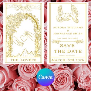 Modello di matrimonio con i Tarocchi degli Amanti in oro/Invito di matrimonio con la carta dei Tarocchi degli Amanti/Salva la data/Rispondi/Download immediato/Modificabile