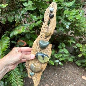 May include: A piece of driftwood with several heart-shaped stones of various colors and sizes attached. The stones range from light gray to dark green and brown. The driftwood is held in front of a background of green foliage.
