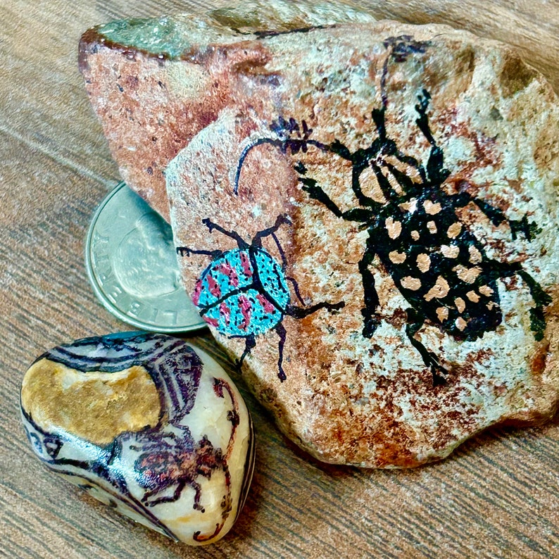 Panted Insect Rocks Set of Beetle Rockart. Unique Hand Designed Insect Rock Art. Hand ...