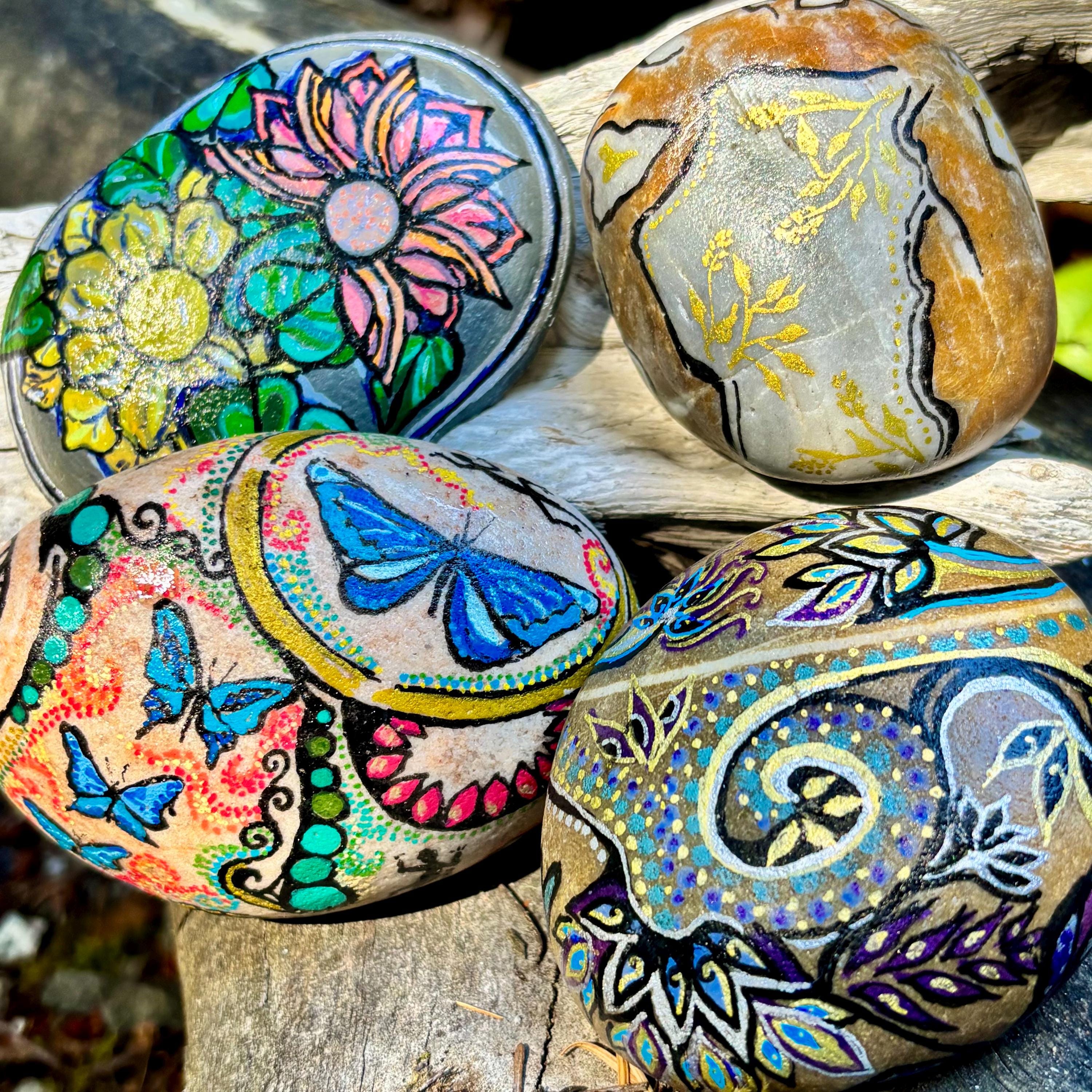 Hand-Painted Beach Stone Sets. Choice of Rock Art design: set of artistically designed flower and dragonfly or abstract and floral themes.