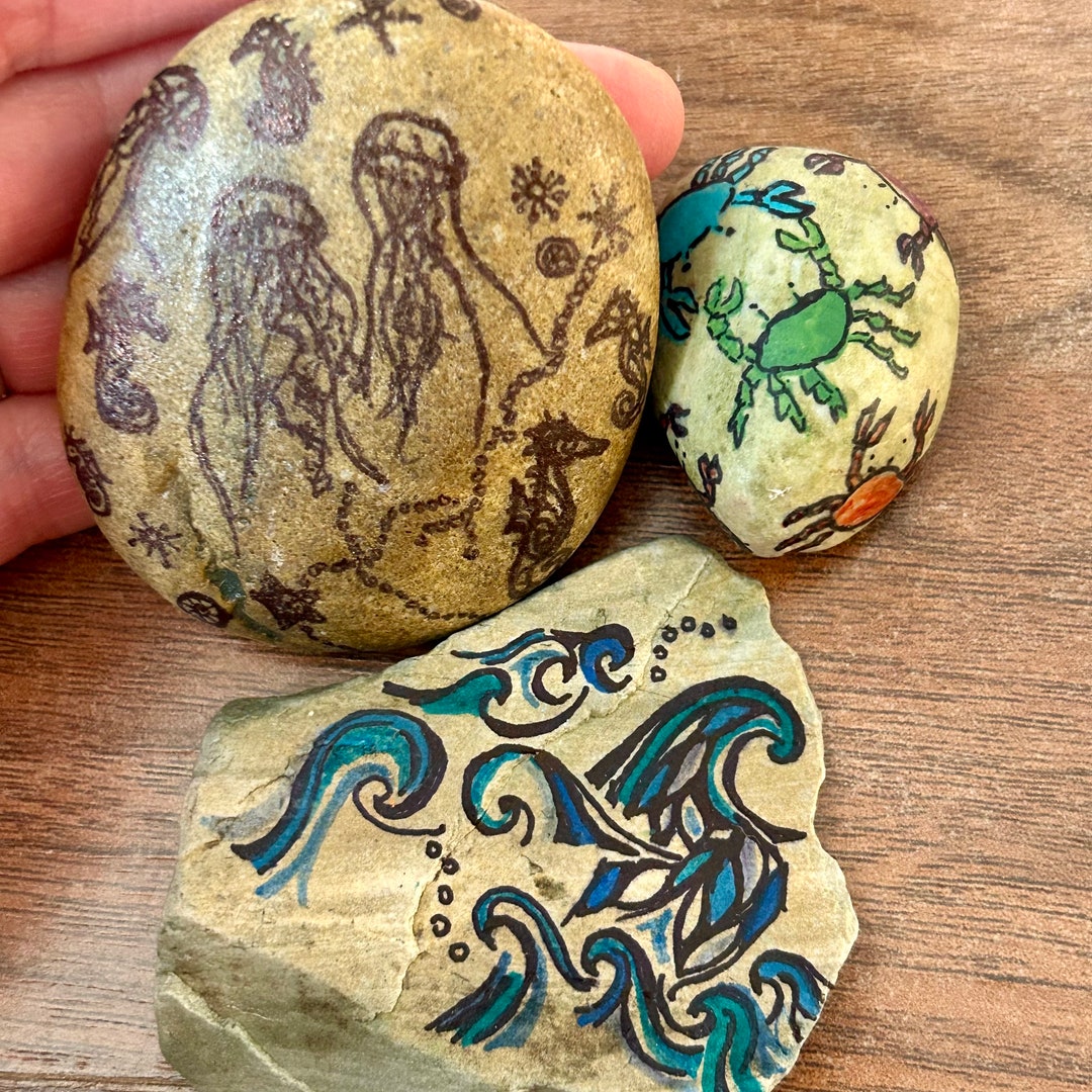 Hand Painted Ocean Rock Art, Featuring Waves, Crabs and Fish. Beach ...