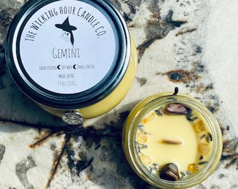 Gemini Zodiac Scented Vegan Soy Wax Phthalate-Free Wooden Wick Candle, Astrology Crystal Intention Candle, Star Sign Birthday Gift