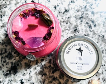 Libra Zodiac Scented Vegan Soy Wax Phthalate-Free Wooden Wick Candle, Astrology Crystal Intention Candle, Star Sign Birthday Gift